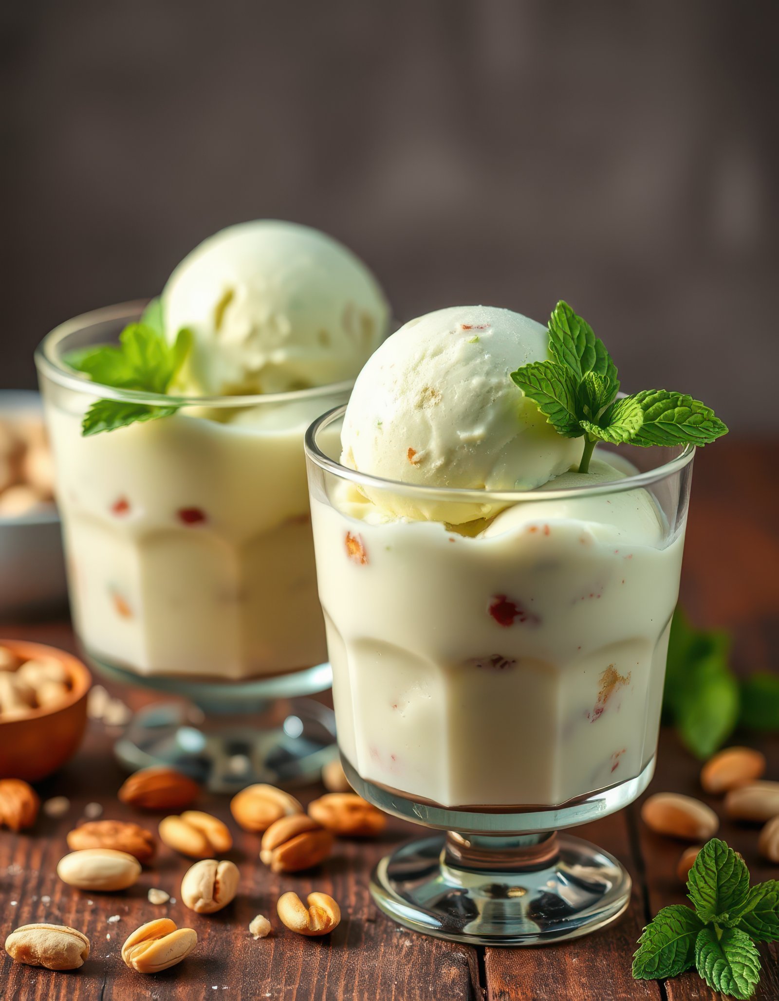 Delightful dessert features creamy ice cream topped with fresh mint and nuts in cozy setting with wooden table